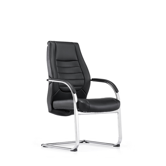 A modern black faux-leather office chair with a high back, padded armrests, and a chrome cantilever metal base, shown on a plain white background.
