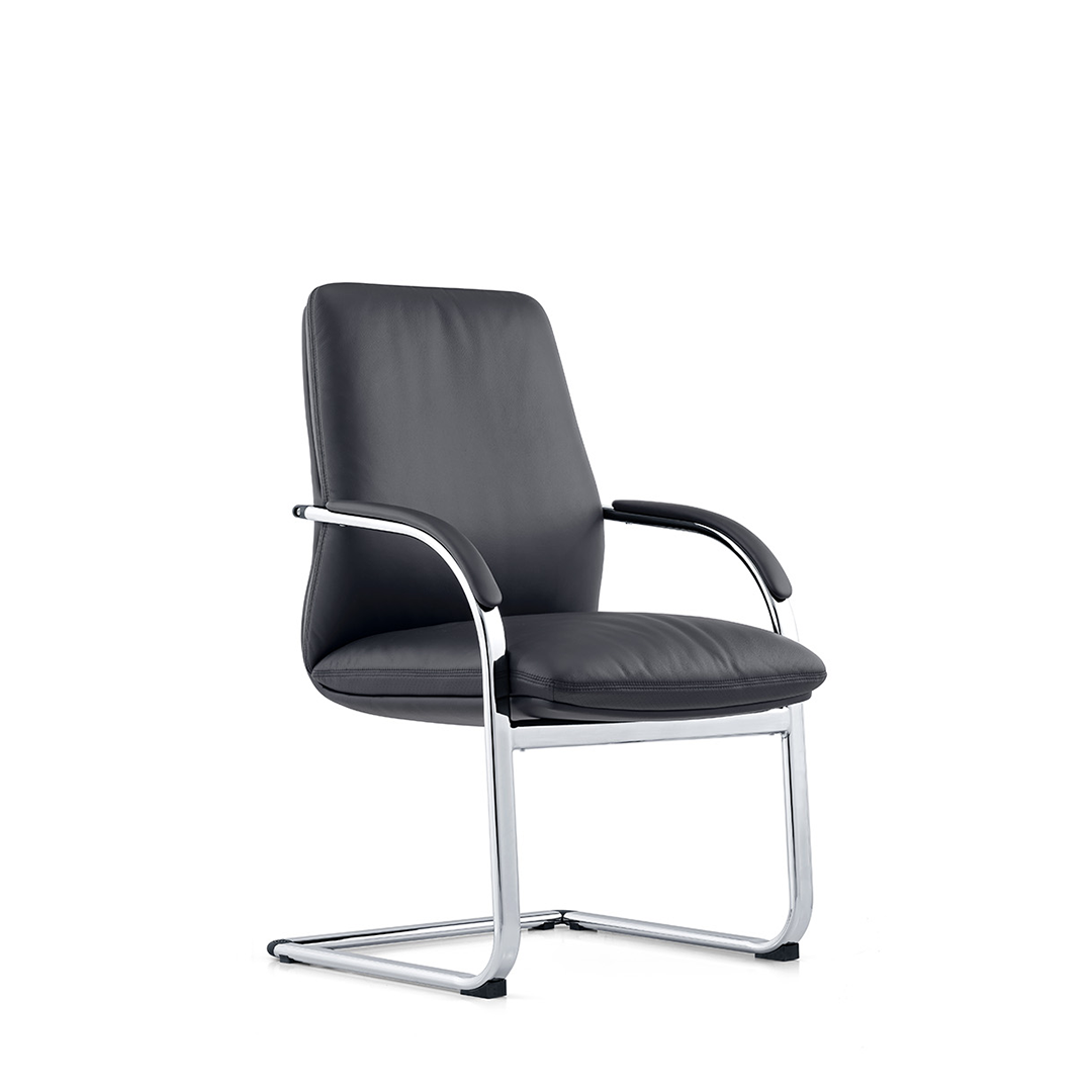 A modern black leather office chair with a chrome metal cantilever base and curved armrests, shown from a three-quarter angle on a white background.