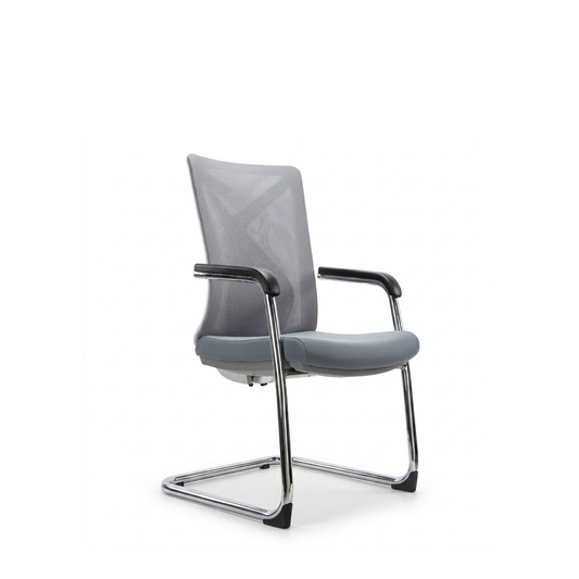 A modern gray mesh office chair with a curved chrome metal base and black armrests, shown on a clean white background.