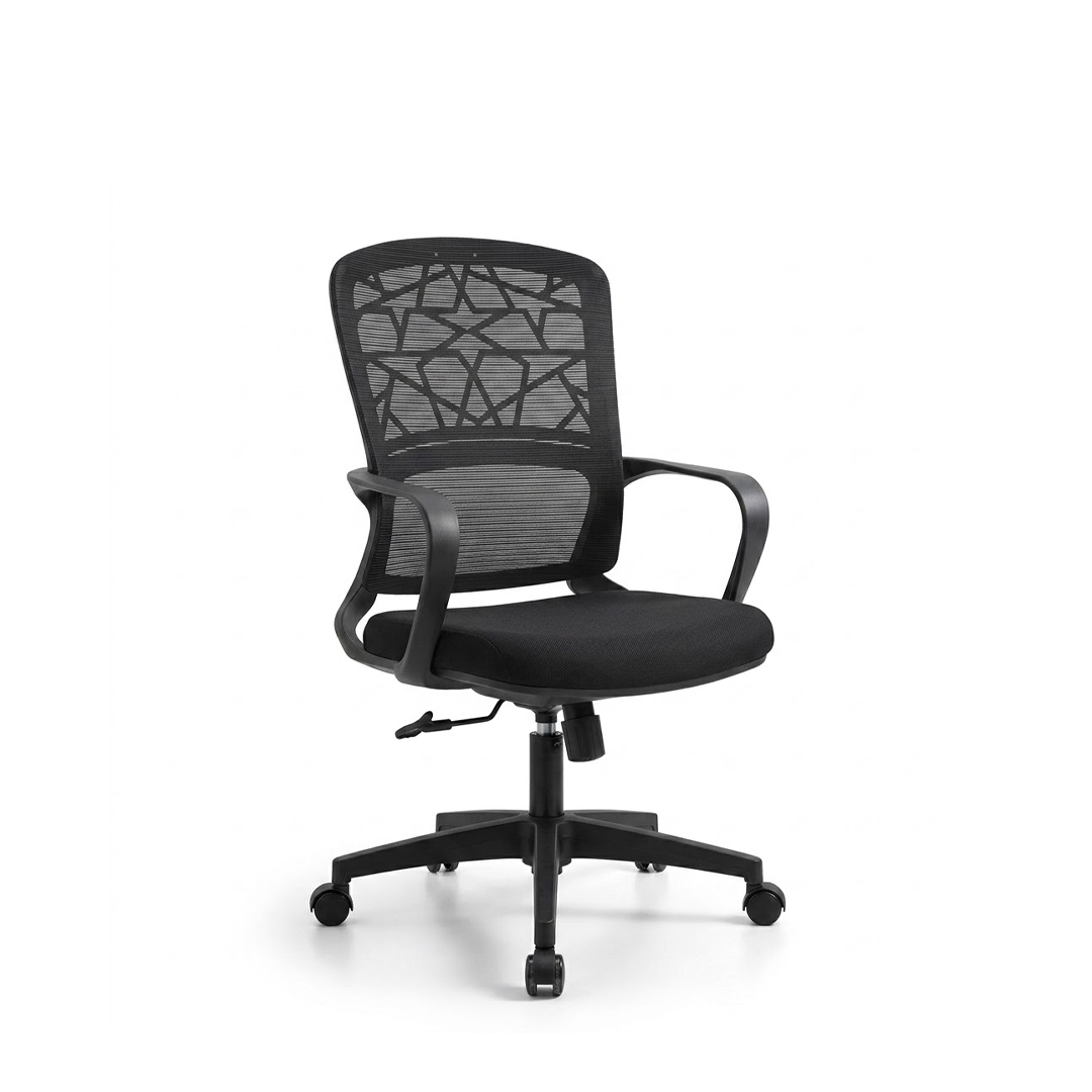 A modern black mesh office chair with a geometric patterned backrest, padded armrests, and a five-star wheeled base, shown against a plain white background.