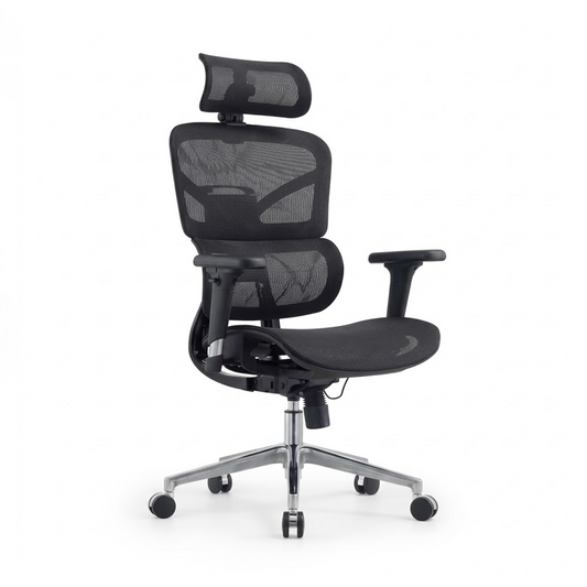 A black mesh ergonomic office chair with a headrest, adjustable armrests, and a five-star silver metal base with black casters, shown against a plain white background.