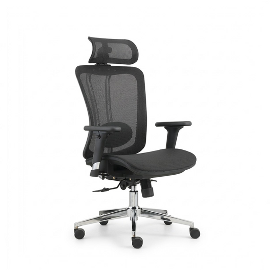 A black mesh ergonomic office chair with a headrest, adjustable armrests, and a chrome five-star base with casters, shown against a plain white background.