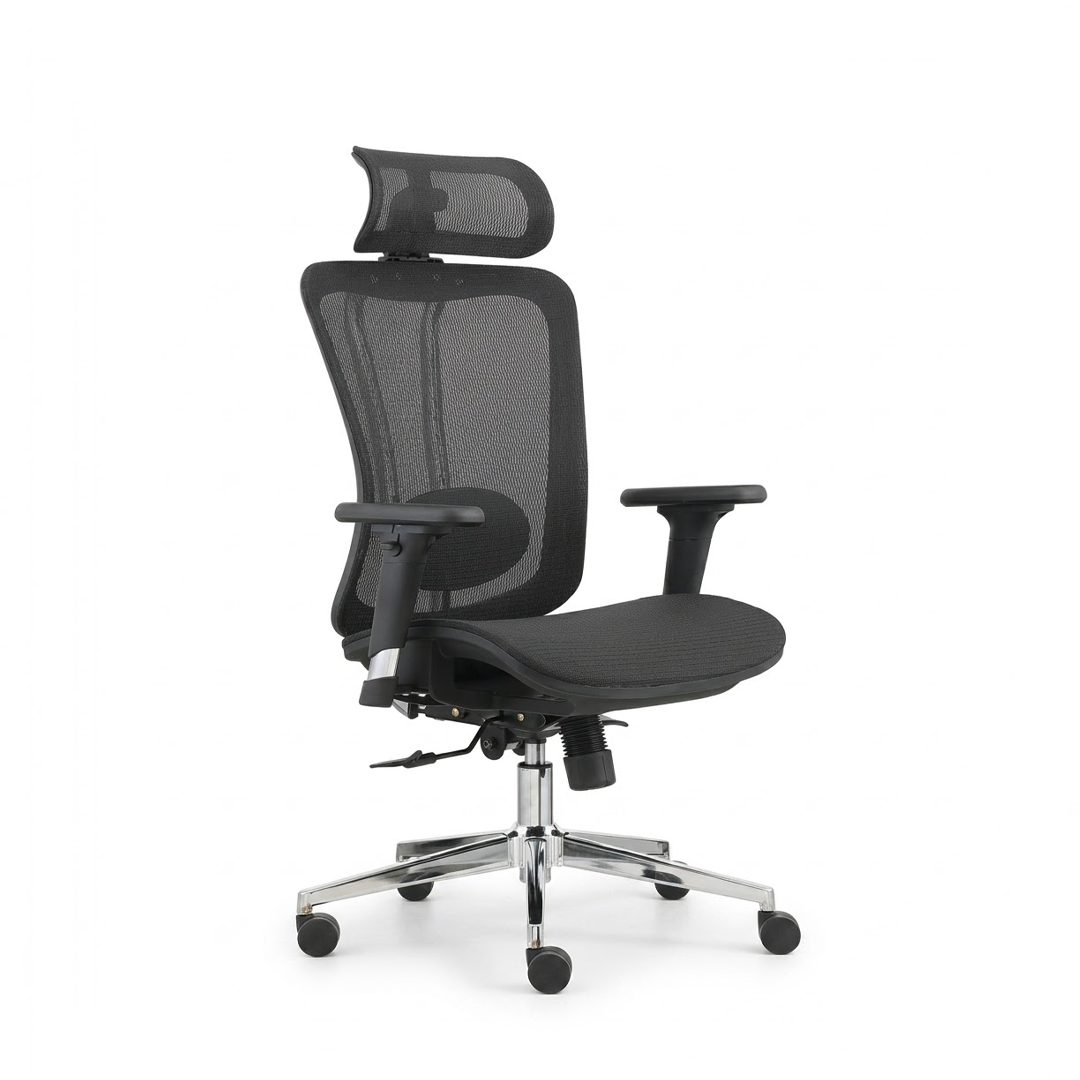A black mesh ergonomic office chair with a headrest, adjustable armrests, and a chrome five-star base with casters, shown against a plain white background.