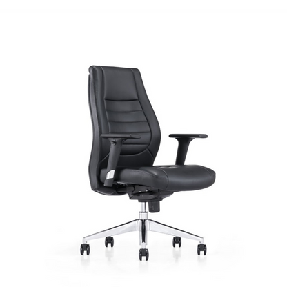 A modern black leather office chair with a high contoured backrest, adjustable armrests, and a chrome five-star wheeled base, shown on a plain white background.