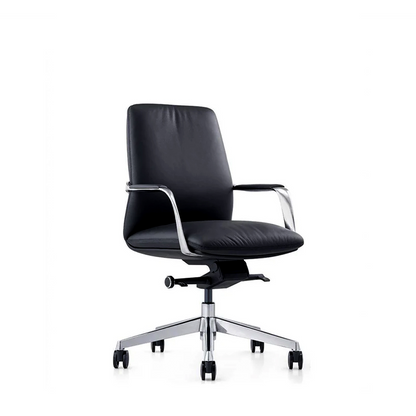 A modern black leather office chair with chrome armrests and a five-star wheeled base, shown against a plain white background.