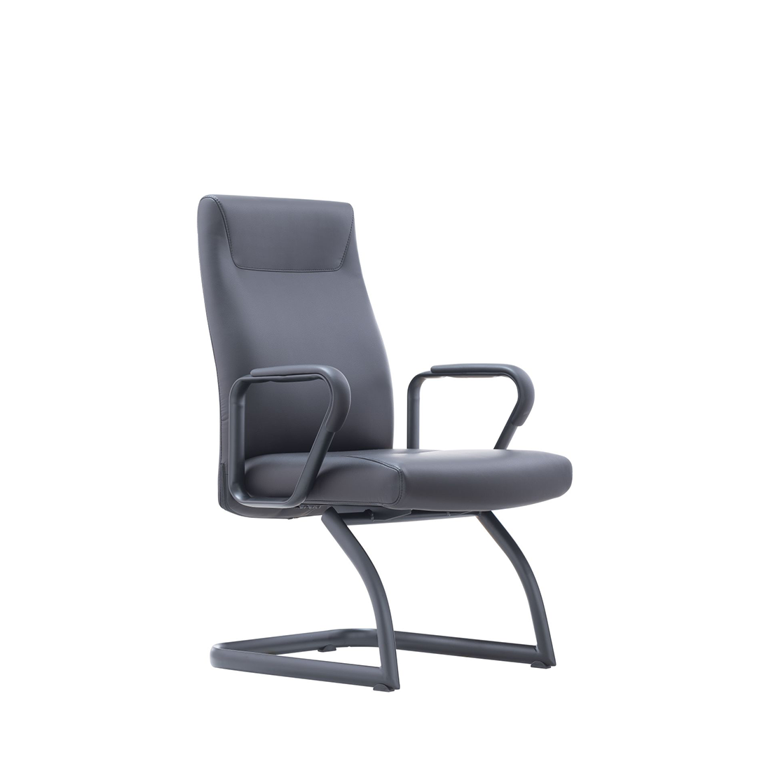 A modern high-back office chair with dark gray faux leather upholstery and a matte black cantilever metal base, shown against a plain white background.