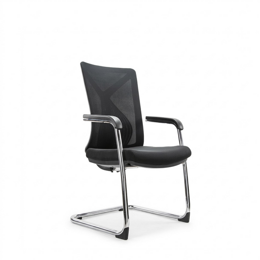A modern black mesh office chair with padded armrests and a chrome cantilever metal base, shown on a plain white background.