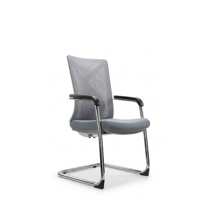 A modern gray mesh office chair with a curved chrome metal base and black armrests, shown on a clean white background.