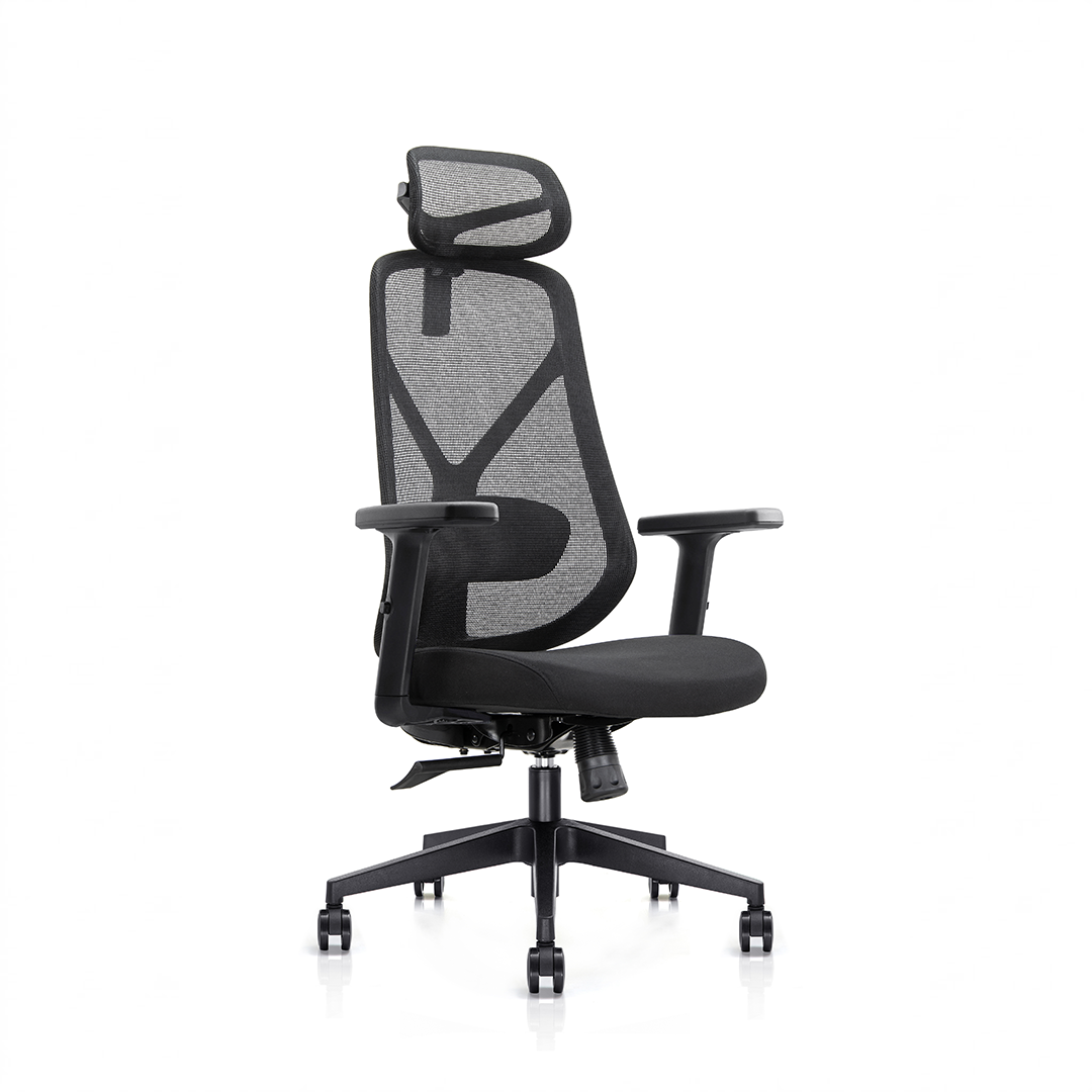 A modern black mesh ergonomic office chair with a headrest, adjustable armrests, and a five-star wheeled base, shown against a plain white background.