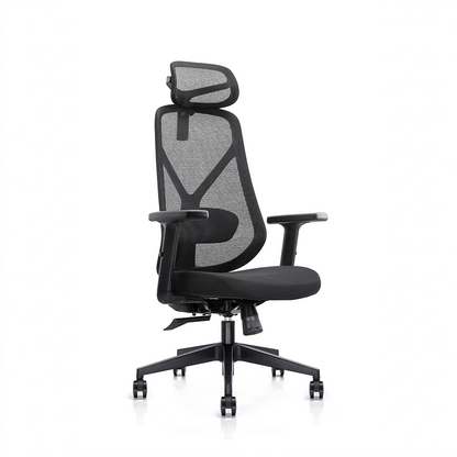 A modern black mesh ergonomic office chair with a headrest, adjustable armrests, and a five-star wheeled base, shown against a plain white background.