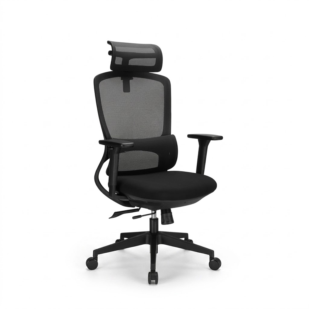 A modern black mesh office chair with a headrest, adjustable armrests, and a five-star wheeled base, shown against a plain white background.