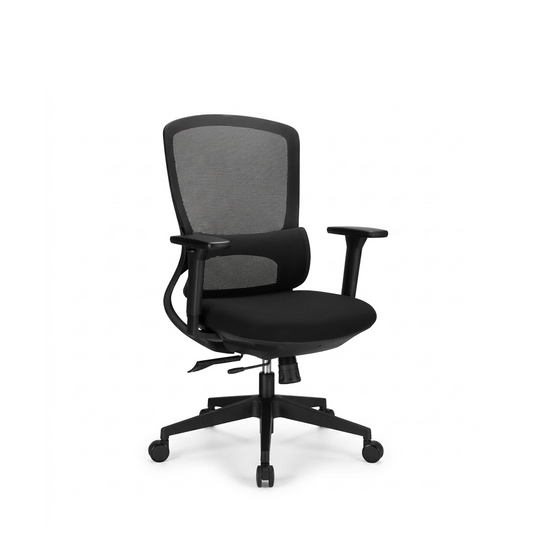 A modern black mesh office chair with a high back, padded armrests, and a five-star wheeled base, shown against a plain white background.