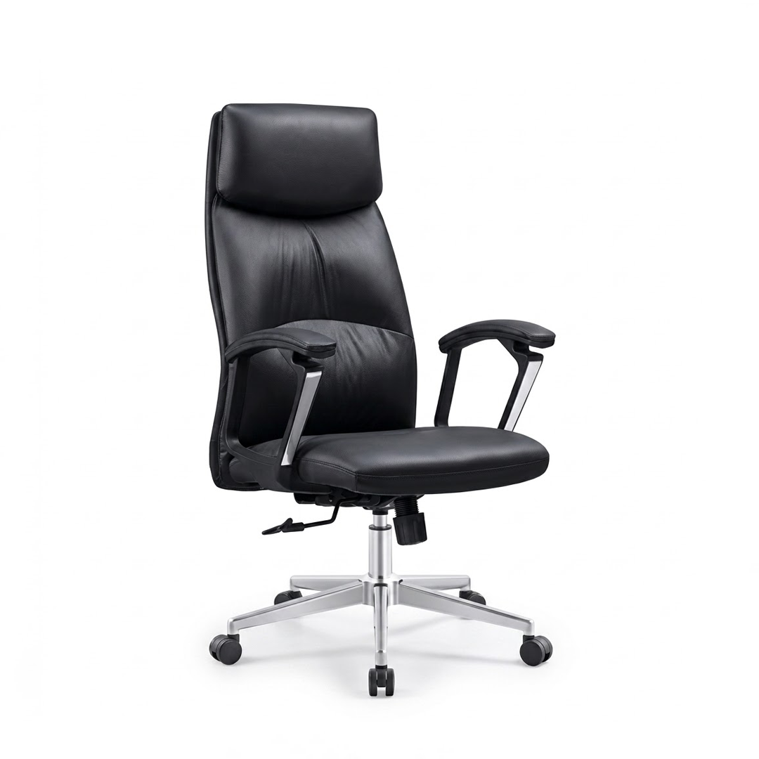 A high-back black faux leather office chair with adjustable armrests and a chrome five-star wheeled base, shown against a plain white background.
