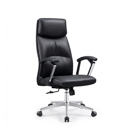 A high-back black faux leather office chair with adjustable armrests and a chrome five-star wheeled base, shown against a plain white background.