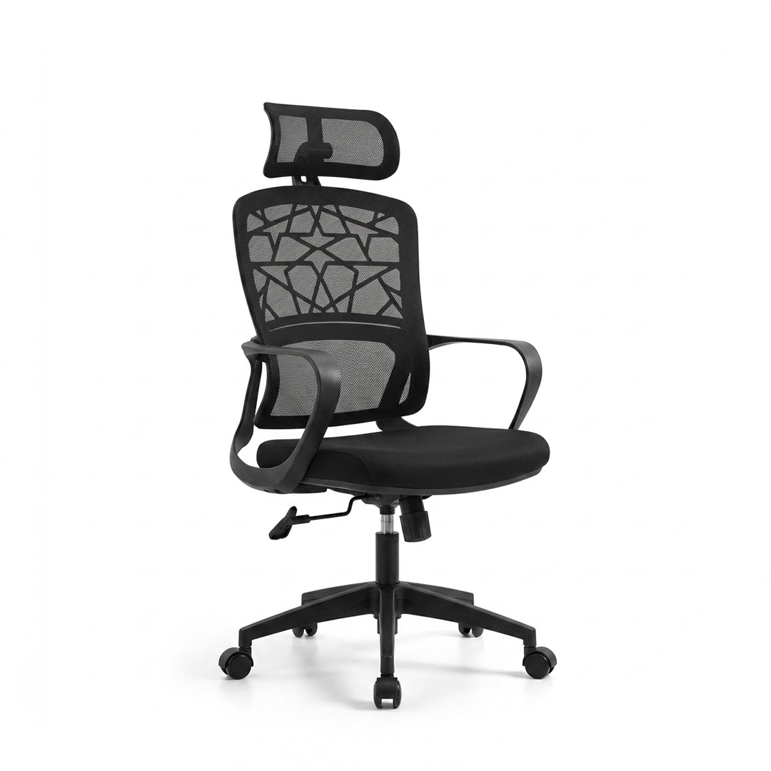 A modern black mesh office chair with a headrest, ergonomic backrest design, armrests, and a five-star wheeled base, shown against a plain white background.