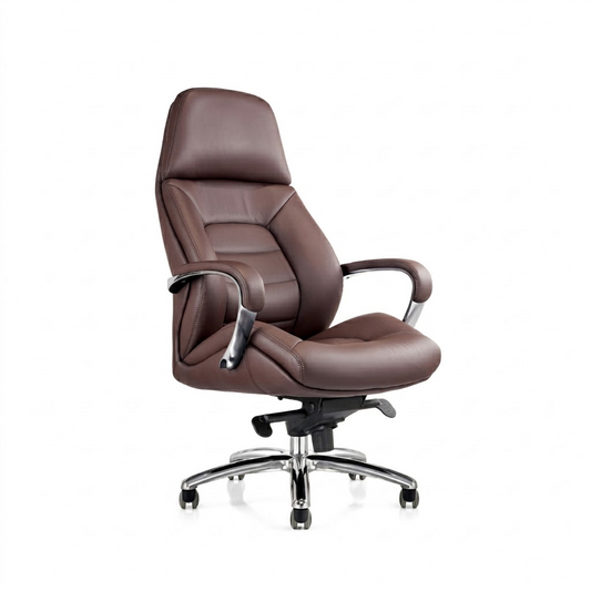 A brown faux-leather high-back office chair with armrests, mounted on a chrome five-star wheeled base, shown against a plain white background.