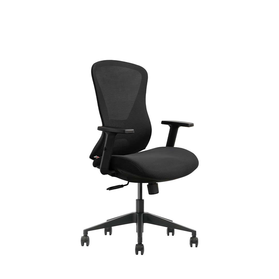 A black mesh office chair with adjustable armrests and a five-star wheeled base, shown against a plain white background.
