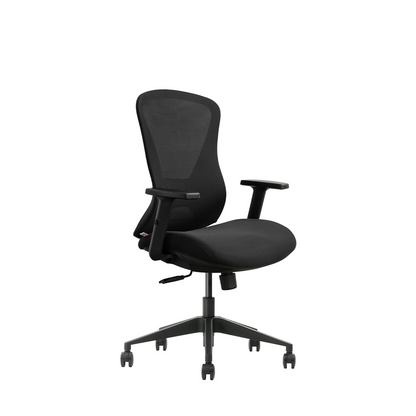 A black mesh office chair with adjustable armrests and a five-star wheeled base, shown against a plain white background.