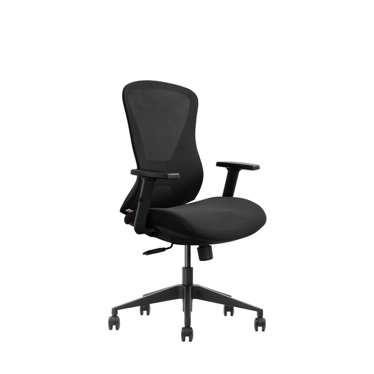 A black mesh office chair with adjustable armrests and a five-star wheeled base, shown against a plain white background.
