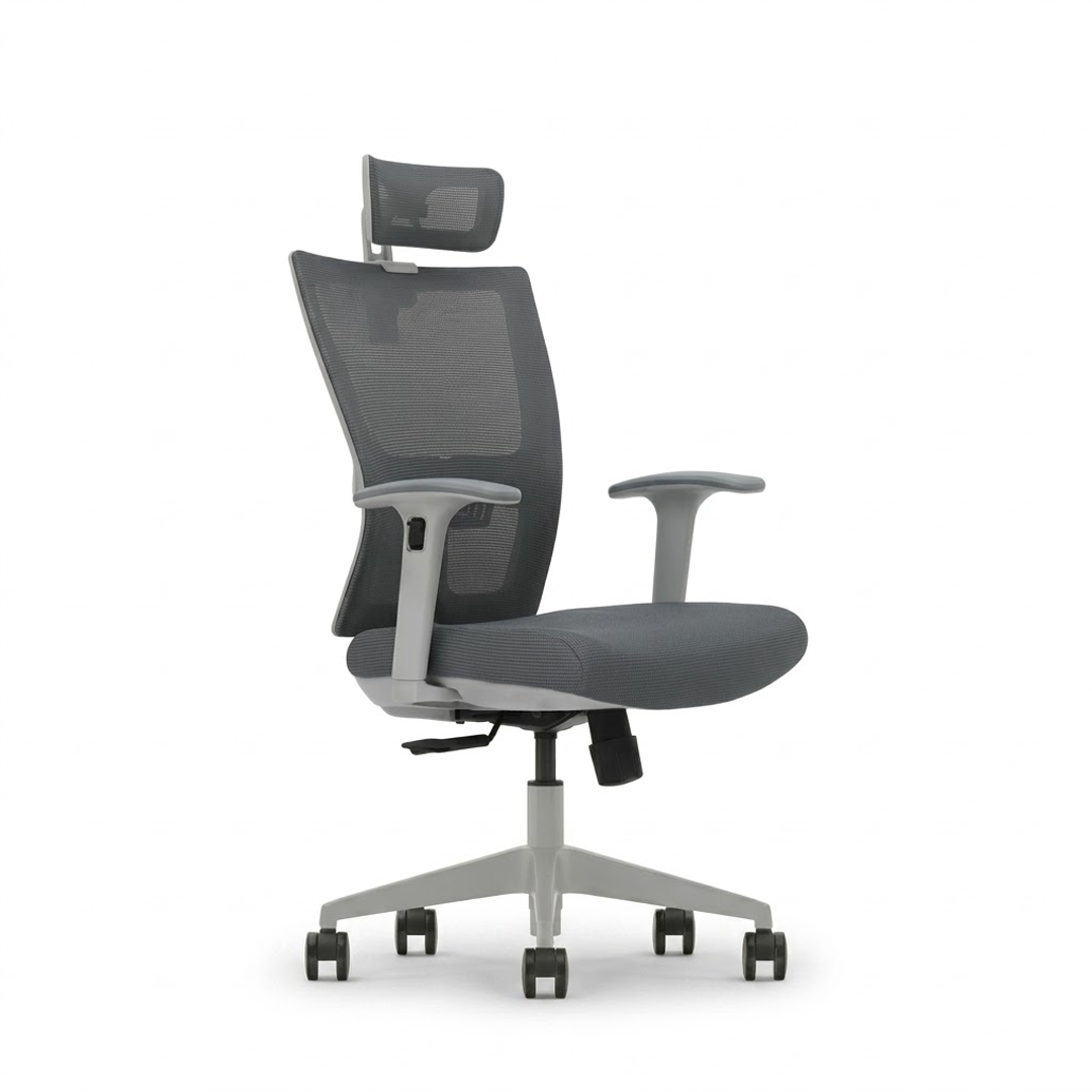 A modern gray mesh office chair with a headrest, adjustable armrests, and a five-star wheeled base, shown against a plain white background.