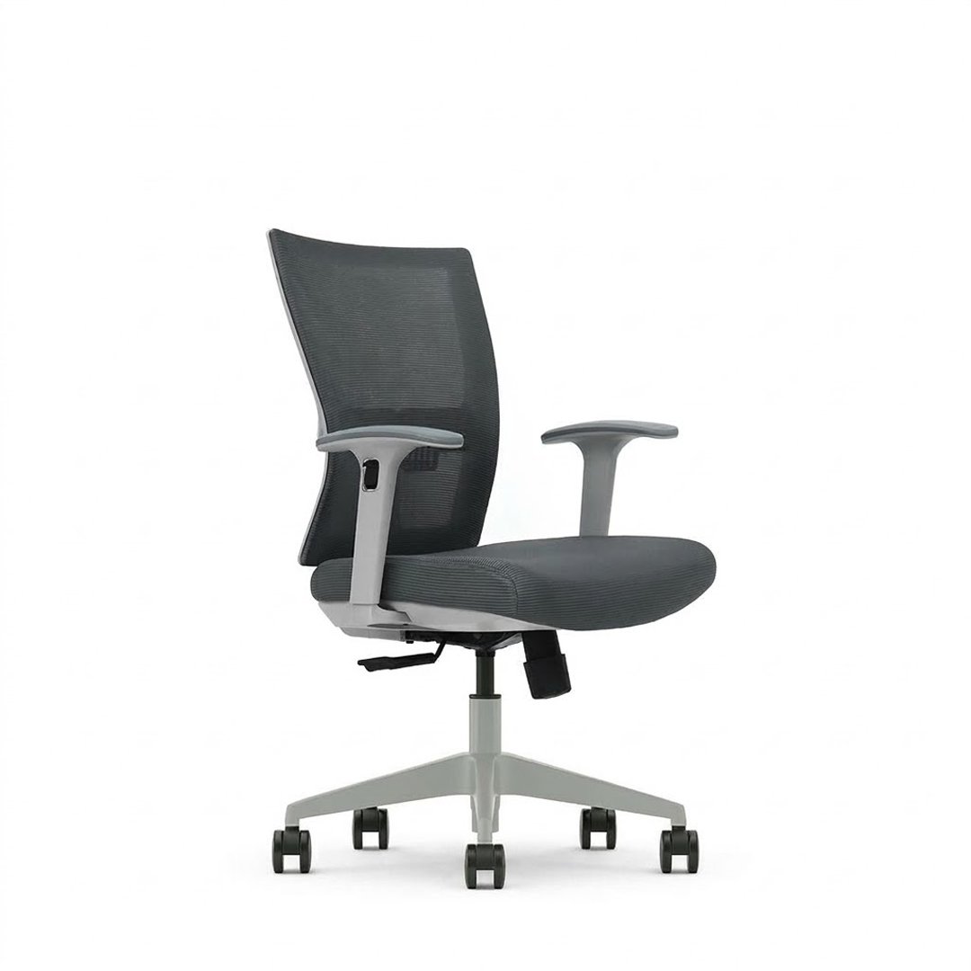A modern gray mesh office chair with a five-star silver base and black casters, shown from a front-three-quarter angle on a white background.