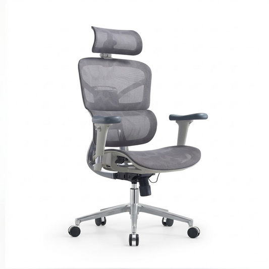 A modern gray mesh ergonomic office chair with a headrest, adjustable armrests, and a five-star metal base with casters, shown against a plain white background.