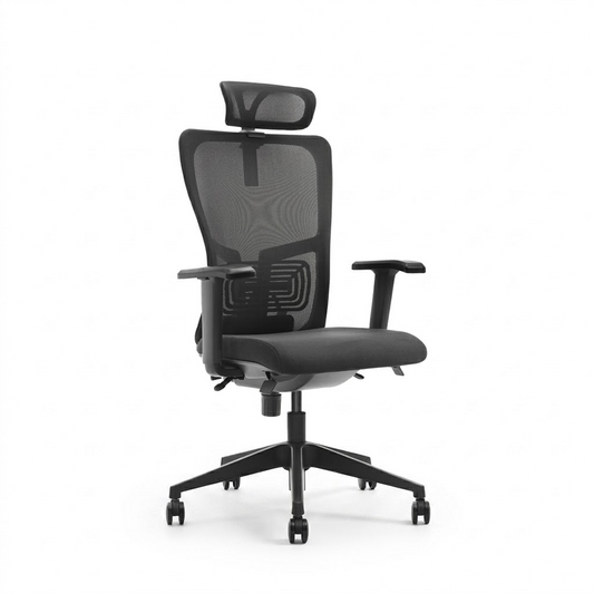 A modern black mesh office chair with a headrest, adjustable armrests, and a five-star wheeled base, shown against a plain white background.
