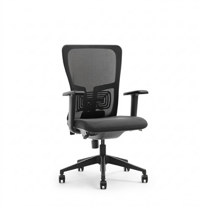 A modern black mesh office chair with adjustable armrests, a padded seat, and a five-star wheeled base, shown against a plain white background.
