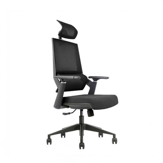 A modern black mesh office chair with an adjustable headrest, padded armrests, and a five-star wheeled base, shown against a plain white background.