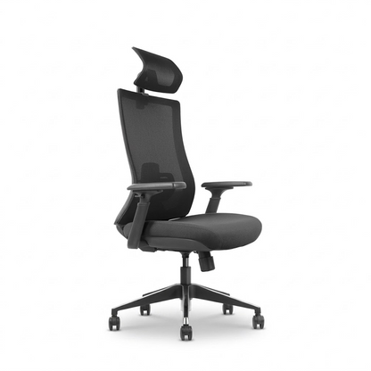 A modern black mesh office chair with a headrest, adjustable armrests, and a five-star wheeled base, shown from a three-quarter angle on a white background.