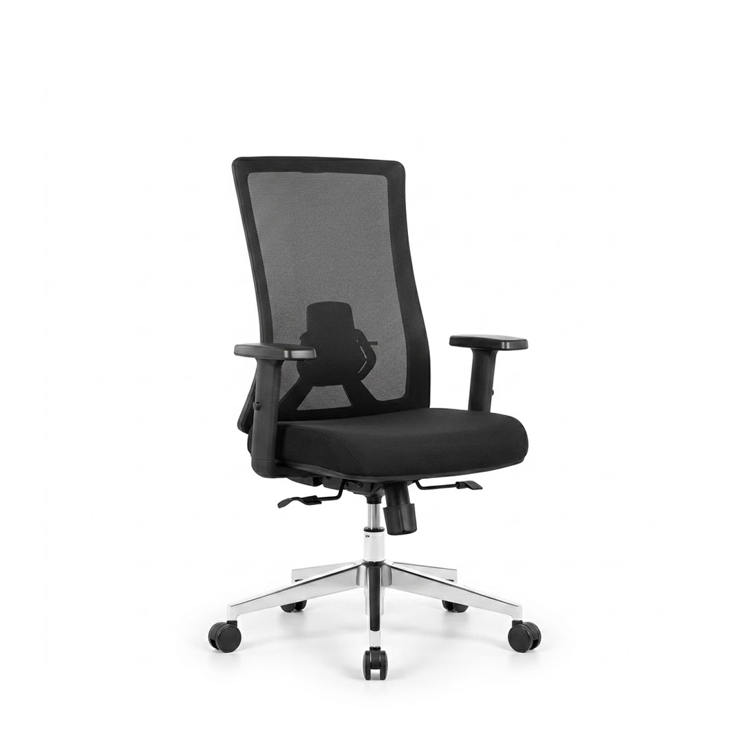 A modern black mesh office chair with adjustable armrests, a padded seat, and a chrome five-star base with casters, shown against a plain white background.