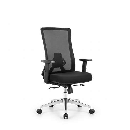 A modern black mesh office chair with adjustable armrests, a padded seat, and a chrome five-star base with casters, shown against a plain white background.