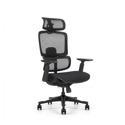 A modern black mesh ergonomic office chair with a headrest, adjustable armrests, and a five-star wheeled base, shown against a plain white background.