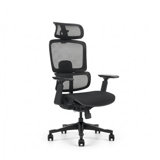 A modern black mesh ergonomic office chair with a headrest, adjustable armrests, and a five-star wheeled base, shown against a plain white background.