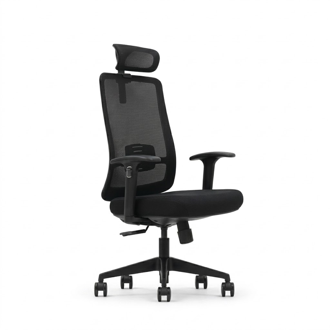 A modern black mesh office chair with a headrest, adjustable armrests, and a five-star wheeled base, shown against a plain white background.