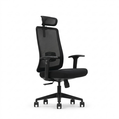 A modern black mesh office chair with a headrest, adjustable armrests, and a five-star wheeled base, shown against a plain white background.
