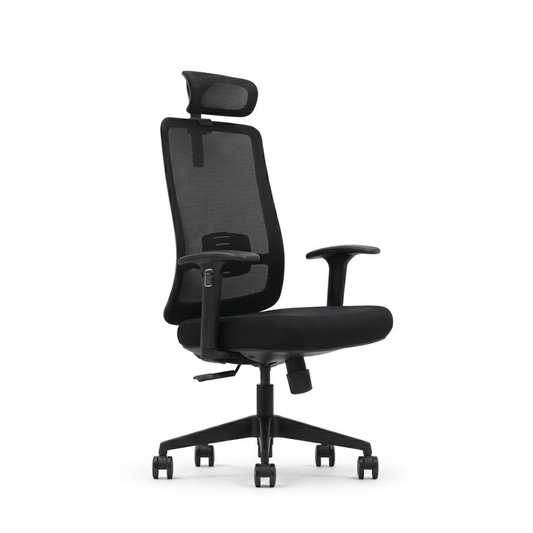 A modern black mesh office chair with a headrest, adjustable armrests, and a five-star wheeled base, shown against a plain white background.