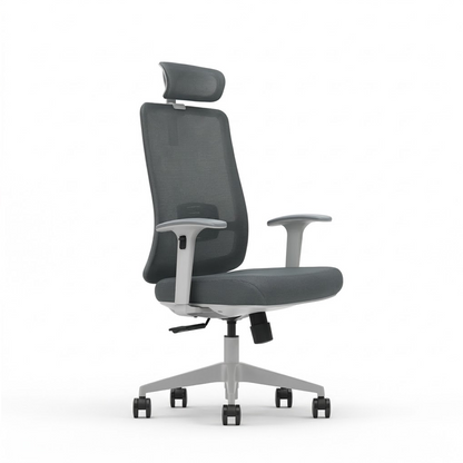 A modern gray mesh office chair with a headrest, adjustable armrests, and a five-star wheeled base, shown on a clean white background.