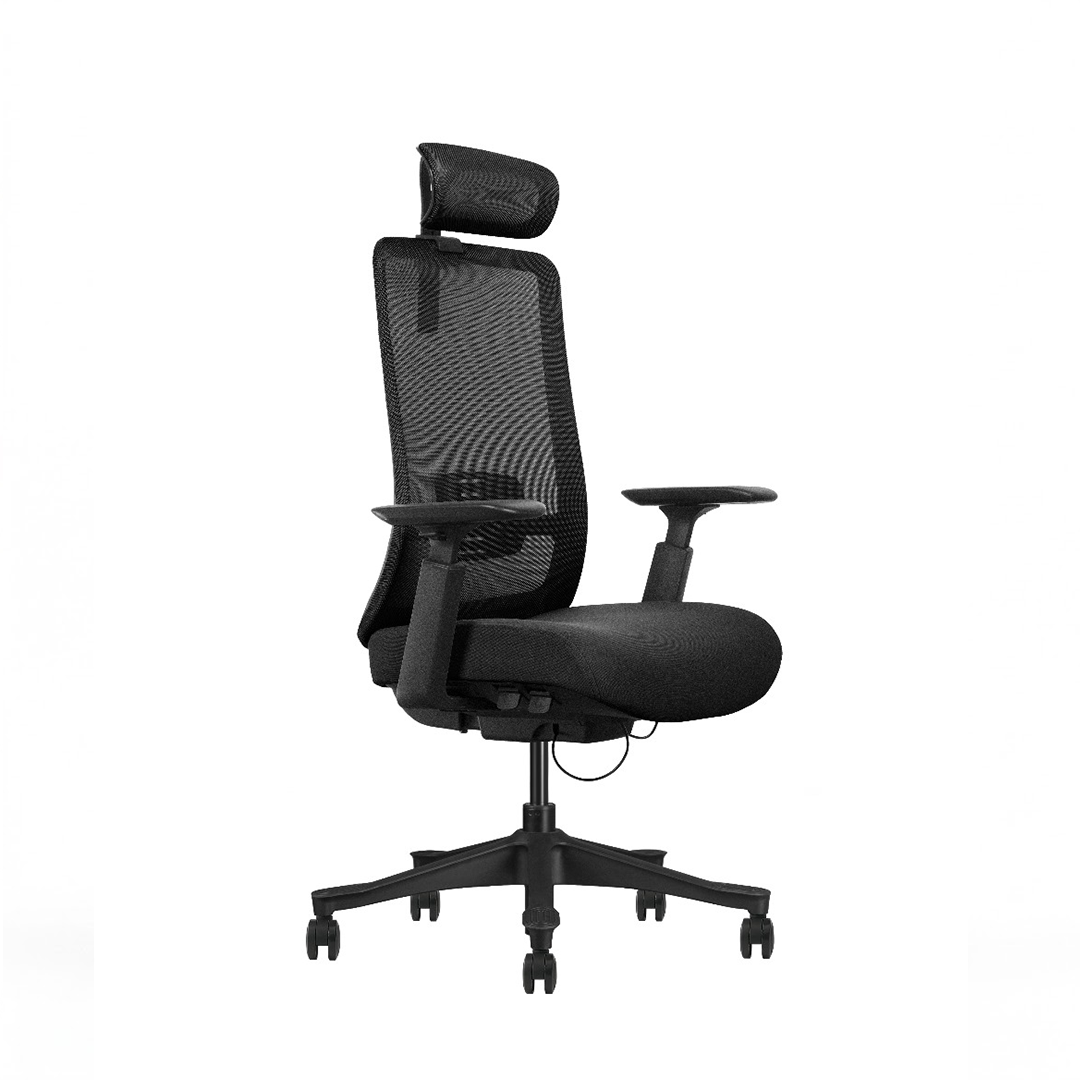 A modern black mesh ergonomic office chair with a headrest, adjustable armrests, and a five-star wheeled base, set against a solid pale green background.