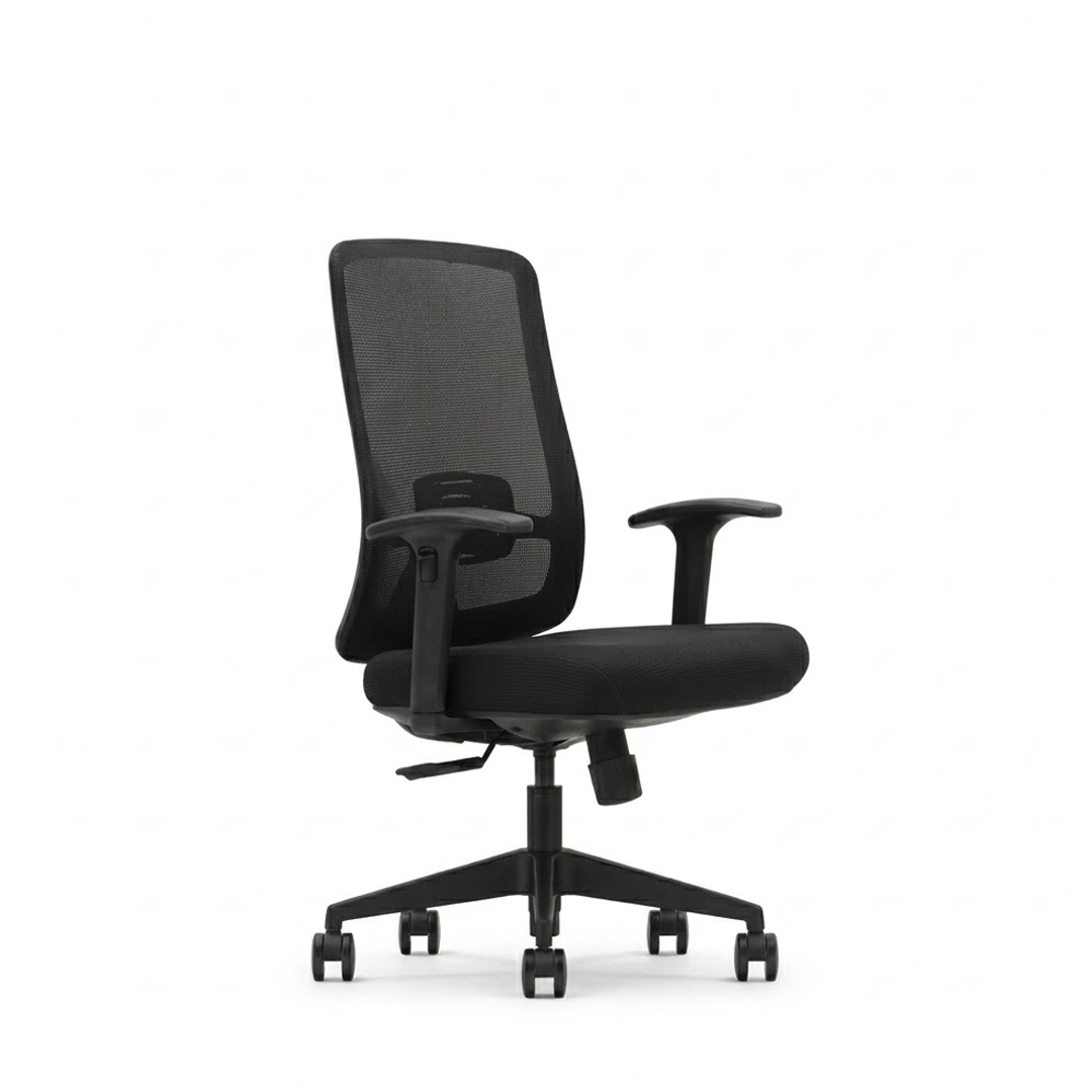 A modern black mesh office chair with adjustable armrests, a padded seat, and a five-star wheeled base, shown against a plain white background.