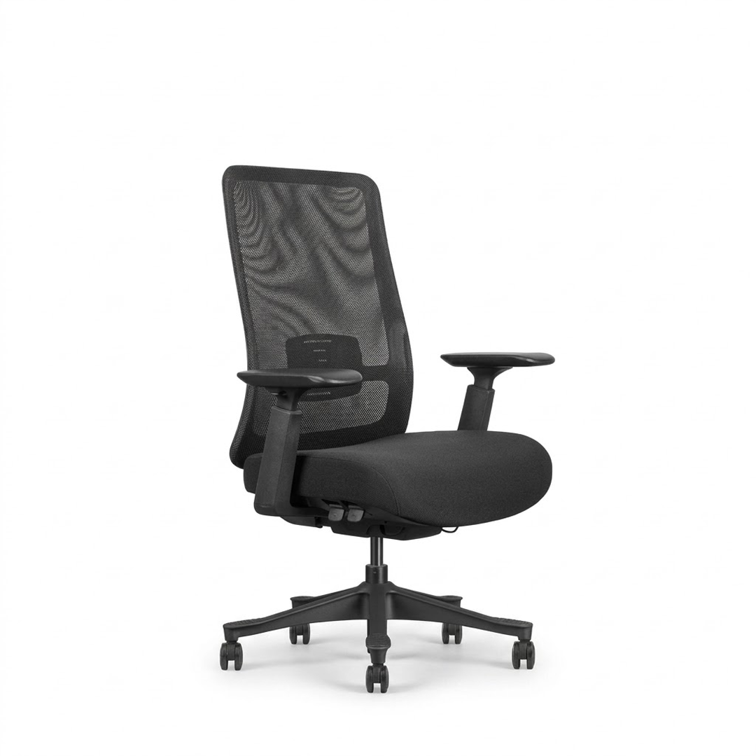 A black mesh office chair with adjustable armrests, a padded seat, and a five-star wheeled base, shown on a plain white background.