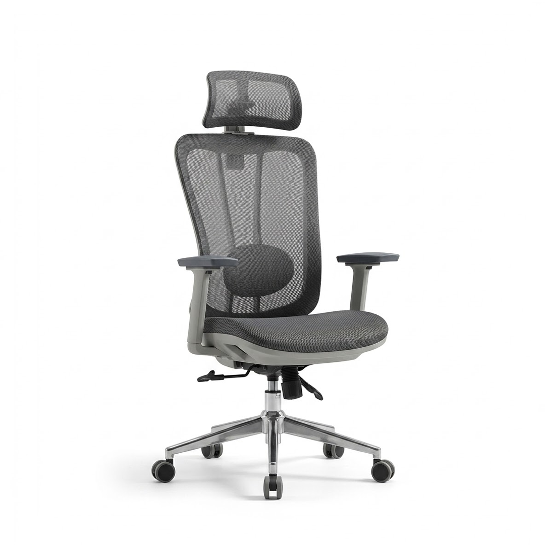 A modern gray mesh office chair with a headrest, adjustable armrests, and a five-star metal base on a white background.