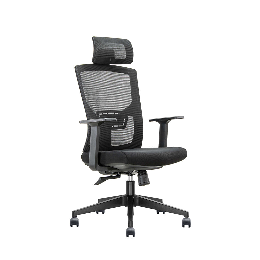 Black office chair with mesh backrest on a white background