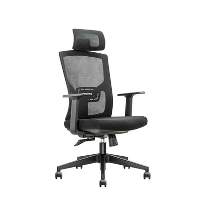 Black office chair with mesh backrest on a white background
