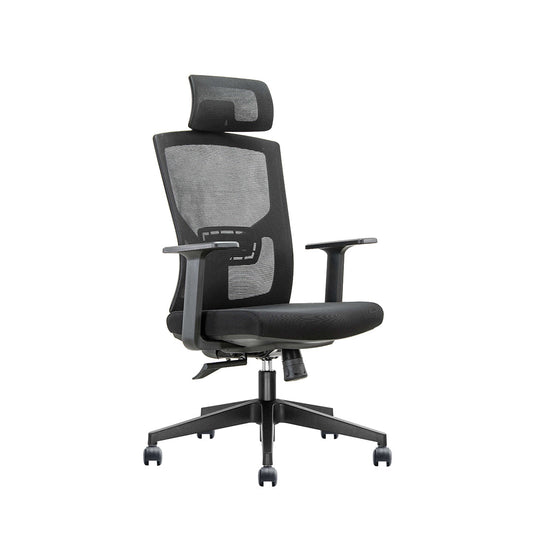 Black office chair with mesh backrest on a white background
