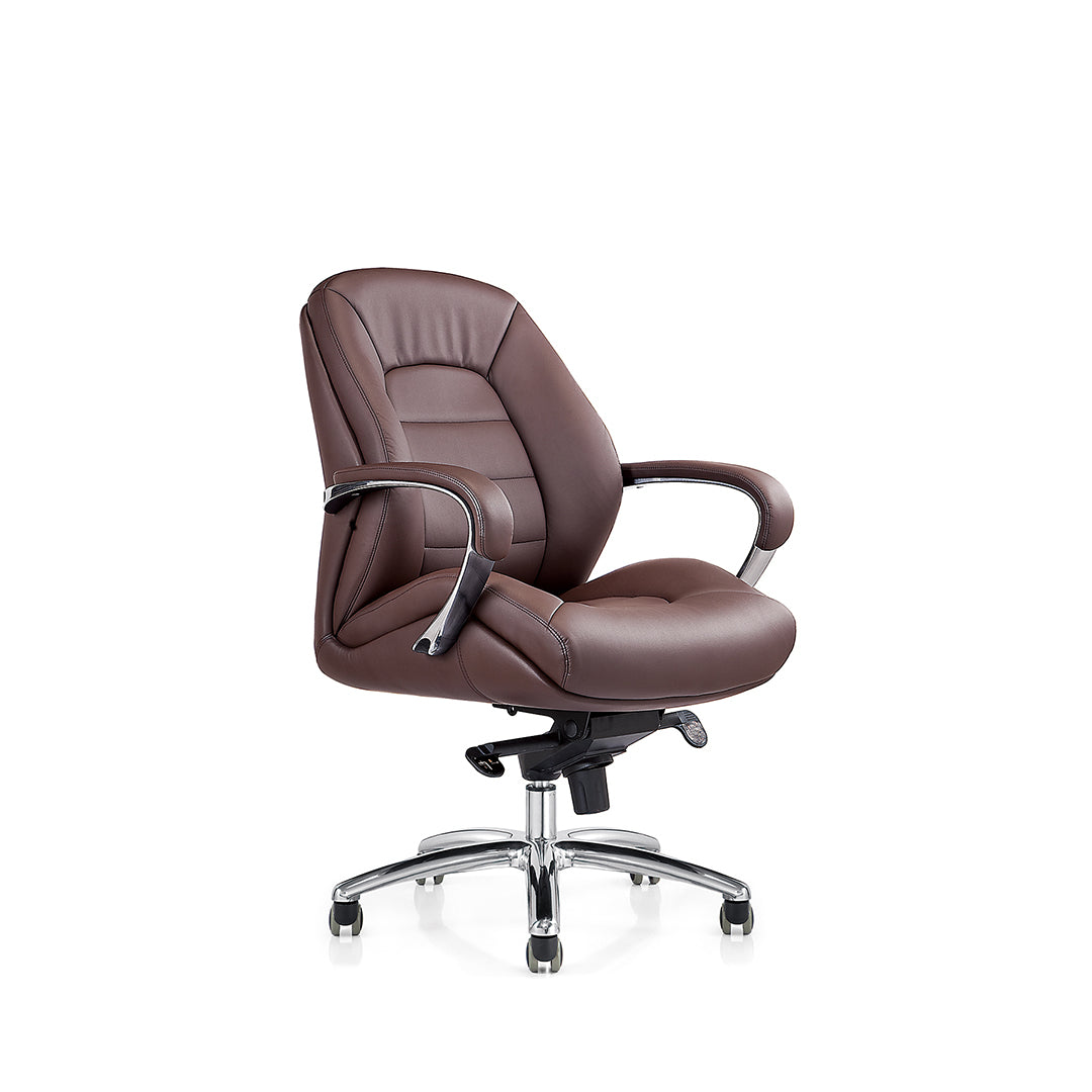 A brown faux-leather office desk chair with padded armrests and a chrome five-star wheeled base, shown on a plain white background.