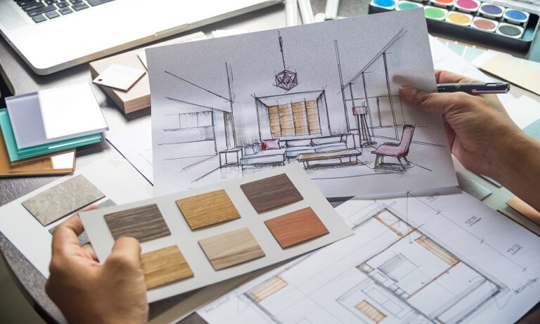 Architect designer Interior creative working hand drawing sketch