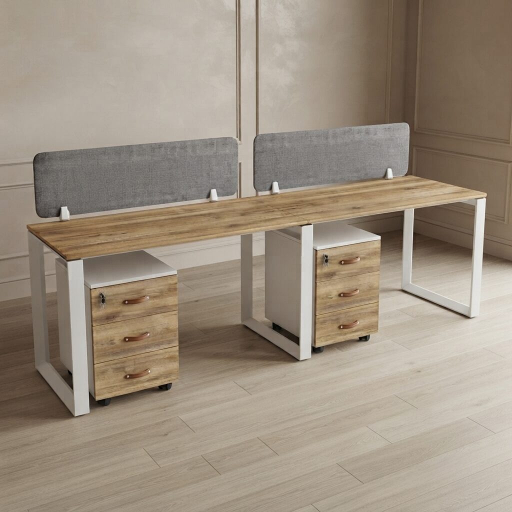ZS-WS-LN-2P two-seater office workstation with MDF tabletop, fabric privacy screen, and mobile pedestal by Zero Space Furniture UAE