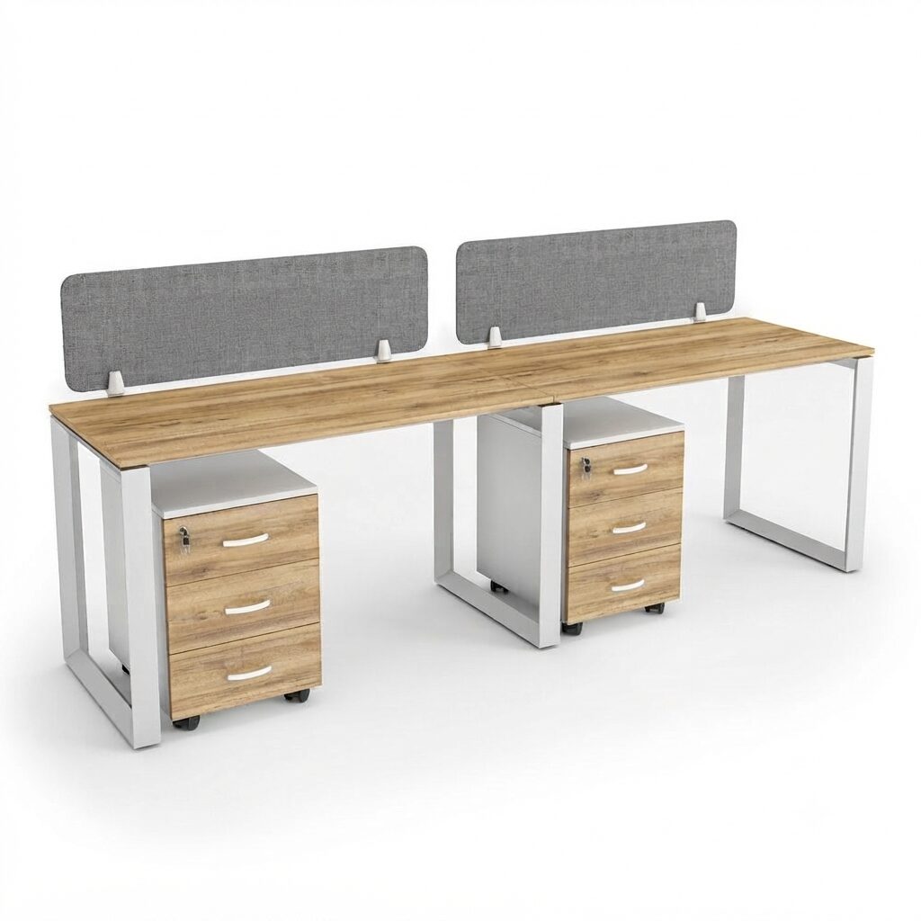 ZS-WS-LN-2P two-seater office workstation with MDF tabletop, fabric privacy screen, and mobile pedestal by Zero Space Furniture UAE