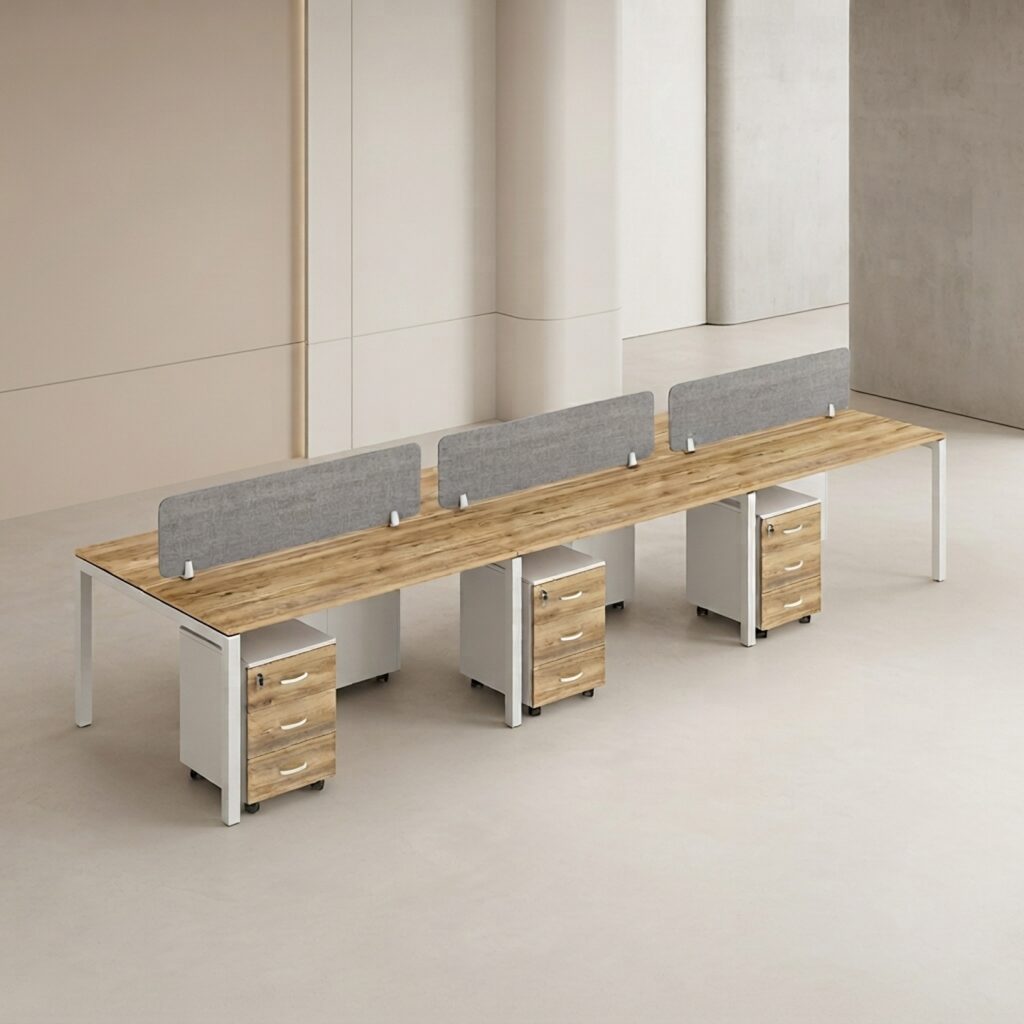 ZS-WS-F2F-6P six-seater office workstation with 25mm MDF tabletop, fabric privacy panels, and white metal frame by Zero Space UAE